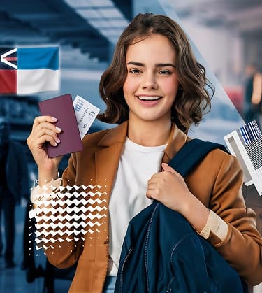 Student holding her passport and travel documents